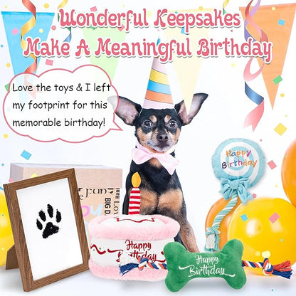 LECHONG 7Pcs Dog Birthday Toys Gifts, No-Mess Paw Print Keepsake Kit with Squeaky Dog Cake Toy, Plush Crinkle Toy, Pet-Safe Ink Pad & Photo Frame for Small Medium Dogs