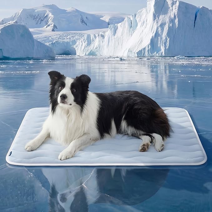 Bedsure Cooling Dog Mat Extra Large - Q-Max>0.4 XL Thin Breathable Cold Crate Pad Indoor for Pets with Chill Cool Fiber as Cooling Topper，Portable Washable Kennel Mat in Outdoor Summer, 41x28, Blue