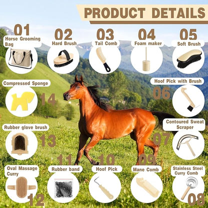Abbylike 15 Pieces Horse Grooming Kit with Organizer Tote Bag Tack Room Supplies Horse Brush Sets Care Equine Cleaning Kit Shedding Grooming Massaging Tools (Beige)
