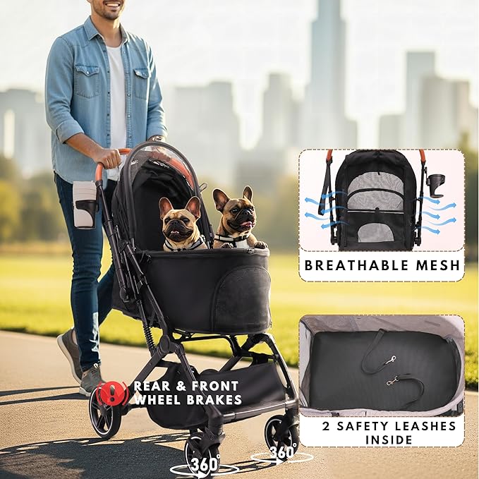 Bicystar Pet Stroller for Small Medium Dogs Cats Up to 45 lbs, Travel Lite Collapsible, All Terrain 4 Wheels for Jogging, Running, Black