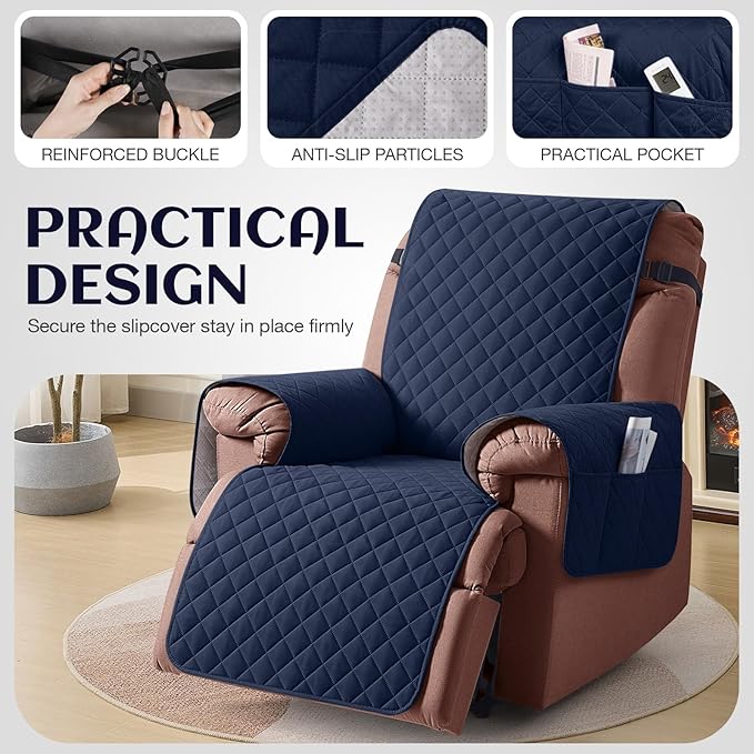 KinCam 100% Waterproof Recliner Chair Cover, Reclining Couch Covers for Pets, Dogs, Recliner Couch Slipcover Furniture Protector with Elastic Straps for Kids(23.6", Dark Blue)