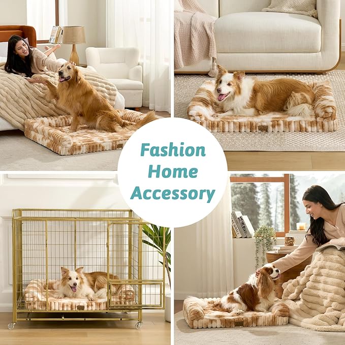 COZY KISS Cute Dog Bed for Large Dogs, Faux Rabbit Fur Orthopedic Foam Dog Bed with Sides, Removable Washable Cover & Waterproof Lining, Comfortable Pet Couch, Tie-Dye Brown (44" L x 32" W x 7" Th)