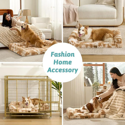 COZY KISS Cute Dog Bed for Medium Dogs, Faux Rabbit Fur Orthopedic Foam Dog Bed with Sides, Removable Washable Cover & Waterproof Lining, Comfortable Pet Couch, Tie-Dye Brown (36" L x 20" W x 6" Th)