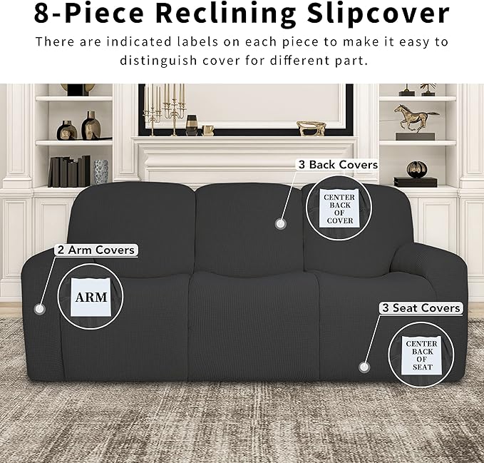 Easy-Going 100% Dual Waterproof Recliner Sofa Cover, 8-Pieces Stretch Relining Couch Cover with Pocket, Jacquard 3 Seat Sofa Slipcover Leakproof Washable (Sofa, Dark Gray)