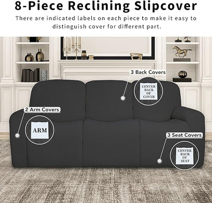 Easy-Going 100% Dual Waterproof Recliner Sofa Cover, 8-Pieces Stretch Relining Couch Cover with Pocket, Jacquard 3 Seat Sofa Slipcover Leakproof Washable (Sofa, Dark Gray)