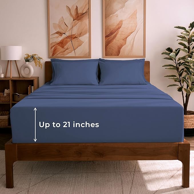 Mellanni Full Sheet Set - 6-Piece Iconic Collection Bedding, (Including 4 Pillowcases), 21-Inch Extra Deep Pocket, Easy Care, Ultra Soft, Cooling Sheets, Brushed Microfiber - Blue Nova