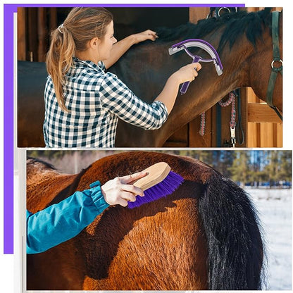 Abbylike 12 Pieces Horse Grooming Kit with Organizer Tote Bag Tack Room Supplies Horse Brush Sets Equine Care Cleaning Kit Shedding Grooming Massaging Tools(Grey and Purple)
