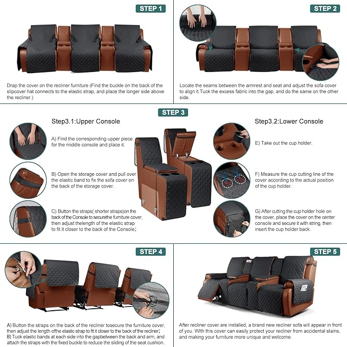 Ruaozz Waterproof Recliner Sofa Cover with Console Non-Slip Couch Covers for Reclining Couches Pet Cover for Double Recliner Sofa Cover with Elastic Straps for Kid Dogs Pets (Black, 3 Seater)