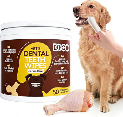 DOCO Pet Dog Teeth Cleaning Wipes – Deodorizing Finger Wipes for Dogs & Cats | Helps Reduce Plaque & Tartar Buildup, Supports Fresh Breath, No Rinse (Chicken, 50 Count)