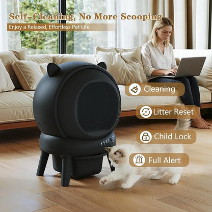 PUPETPO Self Cleaning Litter Box, Automatic Cat Litter Box for Multiple Cats, Auto Litter Box Robot with APP Control, Dual Safety Sensors, Odor Control&Low Noise, Cat Ears Design, Dark Grey
