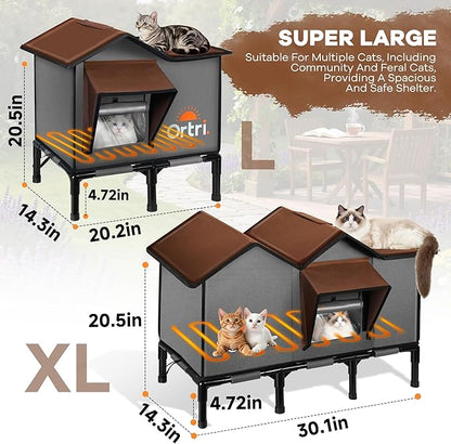 Outdoor Heated Cat House for Outside: Winter Insulated Weatherproof 30"×14"×20" Shelter with Extra Large Elevated Warm Heater and Waterproof Heating Bed for Multiple Feral Kitties Small Pets for Barn