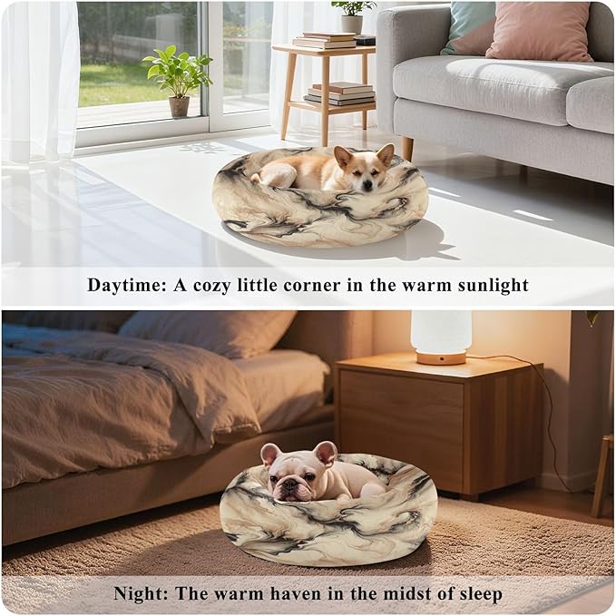 Dog Bed Ultra Soft Fluffy Comfortable Cat Bed Champagne Gold Marble Washable Dog Beds Anti-Slip Round Pet Bed - XS/S/M 3 Sizes