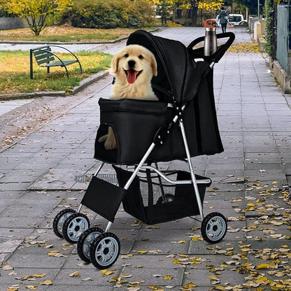 BestPet Pet Stroller Dog Cat Jogger Stroller for Medium Small Dogs Cats Folding Lightweight Travel Stroller with Cup Holder (Black, 4 Wheels)