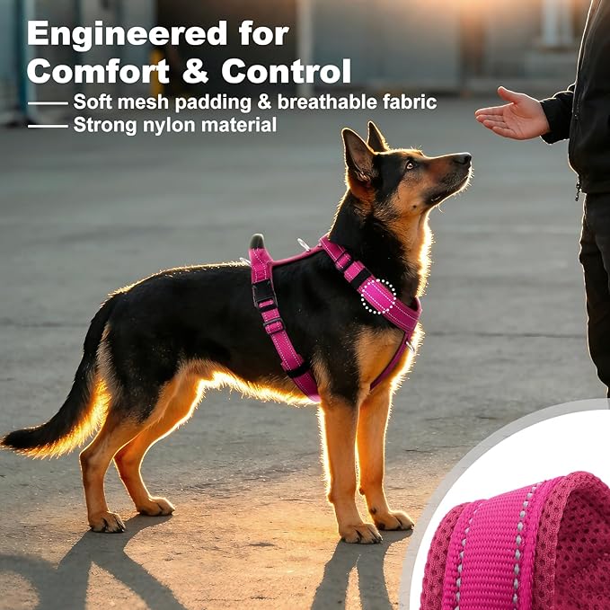 No Pull Dog Harness with Handle, Soft Mesh Padded Adjustable for Small Medium Large Dogs | Reflective Easy Walk Harness with Front Clip for Training, Running & Outdoor (Hot Pink, XL)