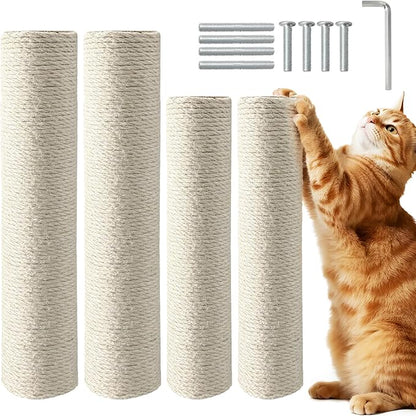 4 Pack Cat Scratching Post Replacement, 11.8 x 2.7 Inch Sisal Poles with M8 Screws, Refill Parts for Indoor Cat Towers and Furniture Repair-White
