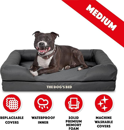 The Dog’s Bed Orthopedic Memory Foam Dog Bed with Bolsters for Medium Dogs, High Density Support Mattress, Low Front Entry, Removable Washable Cover, Oxford Fabric, Grey with Black Trim, Medium