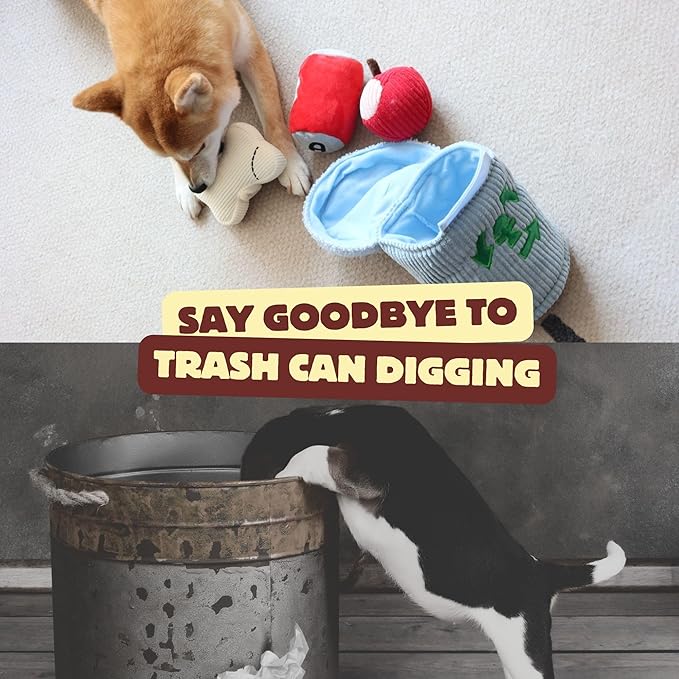 Dog Squeaky Toys, Plush Puzzle Dog Toy for Small Medium Large Dogs, Chew Fetch Brain Stimulating Toy, 3 Durable Small Toys with a Big Trash Can