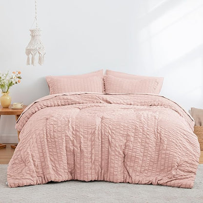Love's cabin Seersucker Pink Twin XL Comforter Set, 5-Piece All Season Lightweight Bed in a Bag Bedding Set with Comforter, Flat Sheet, Fitted Sheet, Pillowcase and Sham | Soft, Breathable, Lightweight