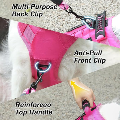 No Pull Tactical Dog Harness for Large Dogs, Escape Proof Molle Dog Vest Harness and Leash Set, Adjustable Military Service Dog Harness with Handle for Medium Large Dogs(Pink, XL)