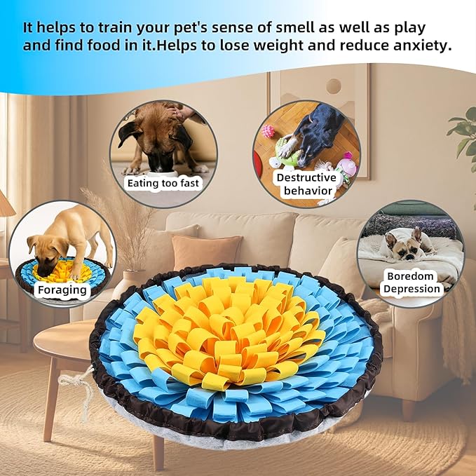 Snuffle Mat for Dogs, Large Dog Snuffle Mat 19'' x 19'' Enrichment Interactive Dog Puzzle Toys for Dogs Cats Encourage Natural Foraging Skills and Olfactory Training Stress Relievers Blue-Yellow