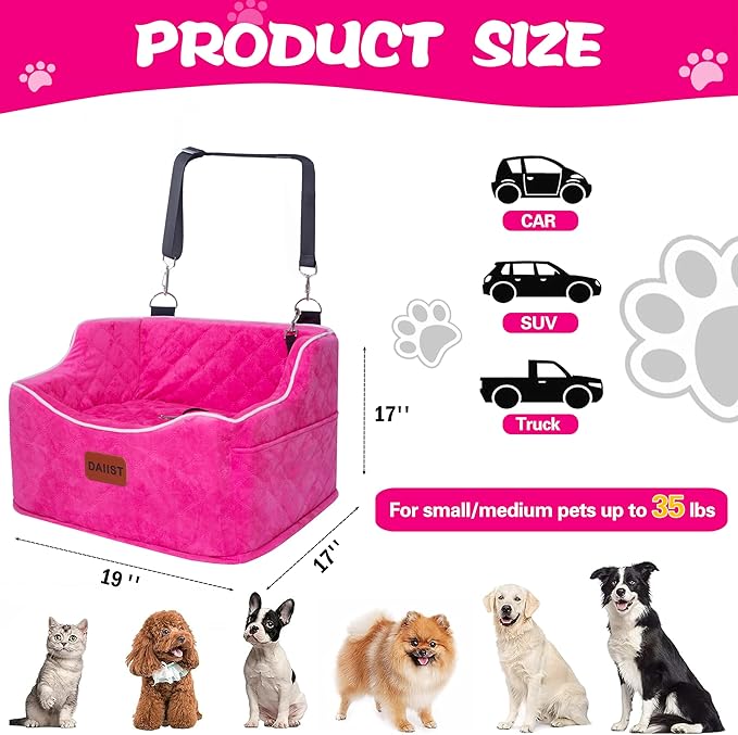 Dog Car Seat for Small Medium Dogs, Detachable Washable Dogs Booster Seat Under 35lbs, Elevated Dog Car Bed with Storage Pockets (Black, One Size)