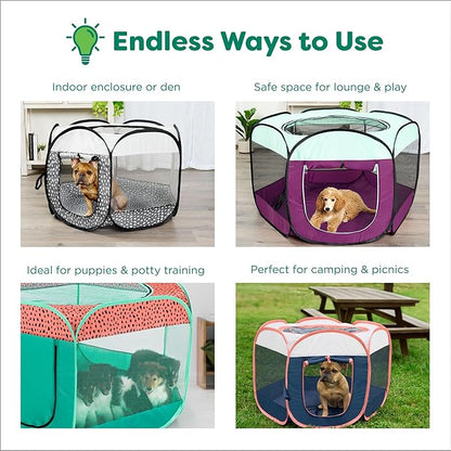 Furhaven Portable Dog Playpen Cat Tent, Pet Playground,Kennel Foldable Indoor Outdoor Zippered Puppy Crate - Green & Pink, Small
