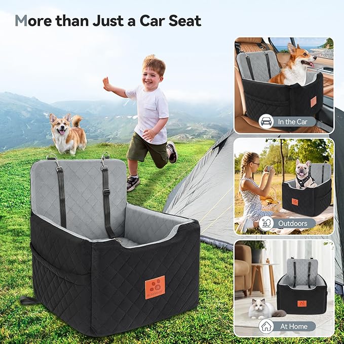 GL GLENSLAVE Dog Car Seat for Small/Medium Dogs Under 35lbs,Memory Foam Dog Booster Seats,Detachable and Washable Traval Pet Car Seat, Dogs Bed with 2 Safety Belts(Balck/Grey)