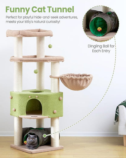 Cat Tree Tower for Large Cats Adult - 60 Inch XXL Sturdy Heavy Duty Extra Wide Scratching Posts (φ4.4in) Condo - Indoor Big Cat House Hammock Perch - XL Wood Multi Level Feline Pet Bed Trees Houses