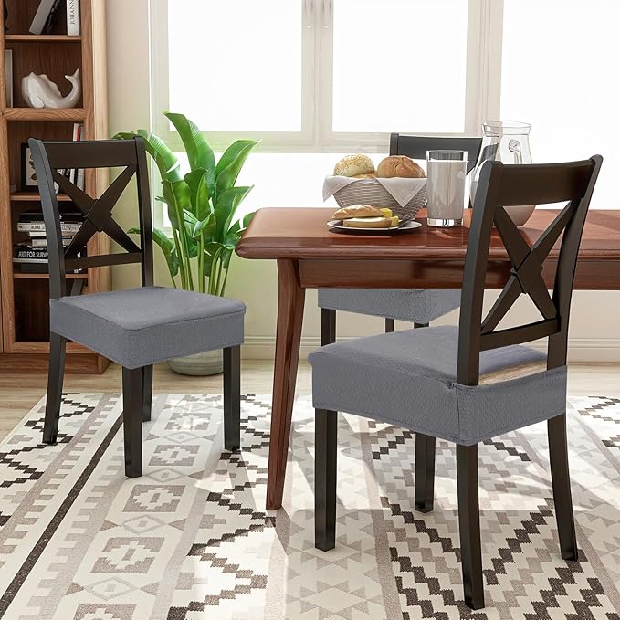 Smiry Waterproof Seat Covers for Dining Room Chairs Set of 2, Stretch Jacquard Removable Washable Chair Seat Slipcovers Protector, No Rear Covers, Grey
