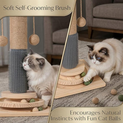 4-in-1 Solid Wood Cat Scratching Post with Self-Groomer, Natural Sisal Scratching Post with 2-Level Track Ball Toy, Interactive Cat Tree & Furniture Protector for Indoor Cats Large Size