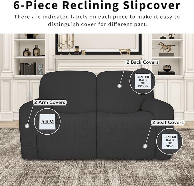 Easy-Going 100% Dual Waterproof Recliner Loveseat Cover, 6-Pieces Stretch Relining Sofa Cover with Pocket, Jacquard 2 Seat Sofa Slipcover Leakproof Washable (Loveseat, Dark Gray)