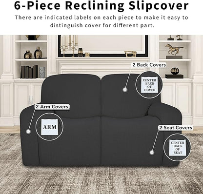 Easy-Going 100% Dual Waterproof Recliner Loveseat Cover, 6-Pieces Stretch Relining Sofa Cover with Pocket, Jacquard 2 Seat Sofa Slipcover Leakproof Washable (Loveseat, Dark Gray)