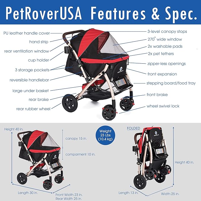 HPZ Pet Rover XL Extra-Long Premium Heavy Duty Dog/Cat/Pet Stroller Travel Carriage with Convertible Compartment/Zipperless Entry/Pump-Free Rubber Tires for Small, Medium, Large Pets (Red 2nd-Gen)