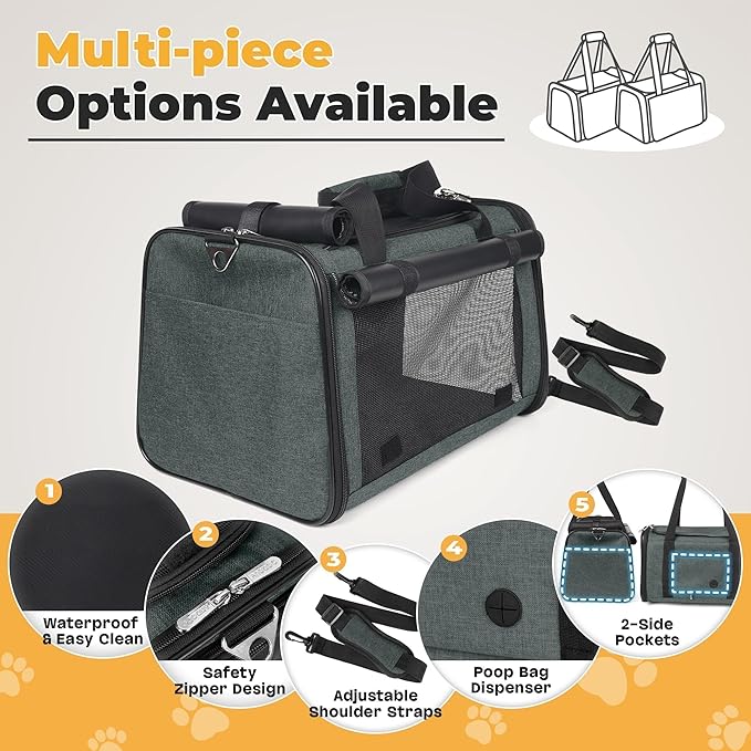 YUDODO 25 lbs Lightproof Soft Sided Pet Carrier for Large Cat & Small Dog Airline Approved Travel Puppy Carrier with Side Pockets & Reflective Mesh, Foldable Portable for Outdoor Car Grey Green