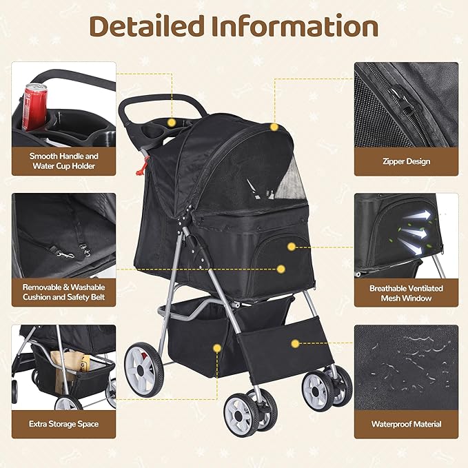 ZENY Foldable Pet Stroller, Cat/Dog Stroller with 4 Wheel, Pet Travel Carrier Strolling Cart with Storage Basket, Cup Holder (Black)