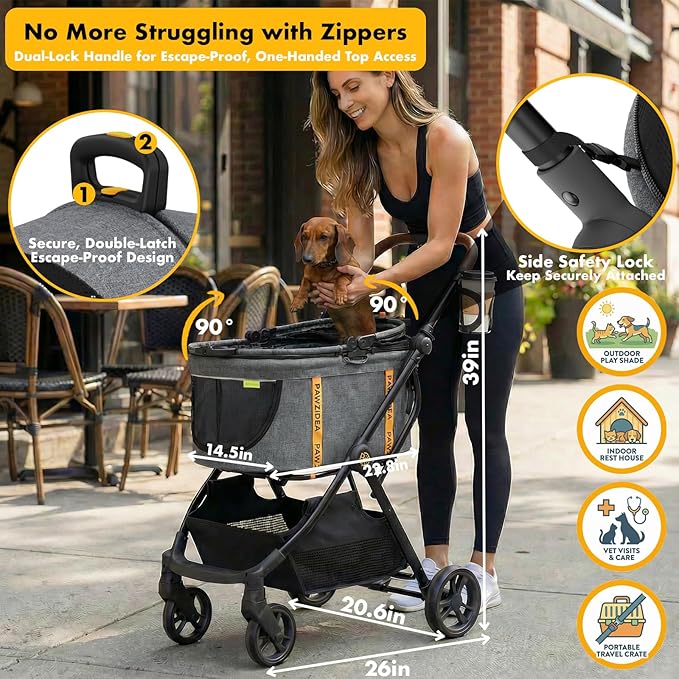 PAWZIDEA Pet Stroller 4-in-1, Foldable Dog Stroller with Detachable Carrier for Small Medium Dogs & Cats, Escape-Proof No-Zip Canopy, Lightweight Portable Travel Crate & Car Seat Combo, Storage Basket