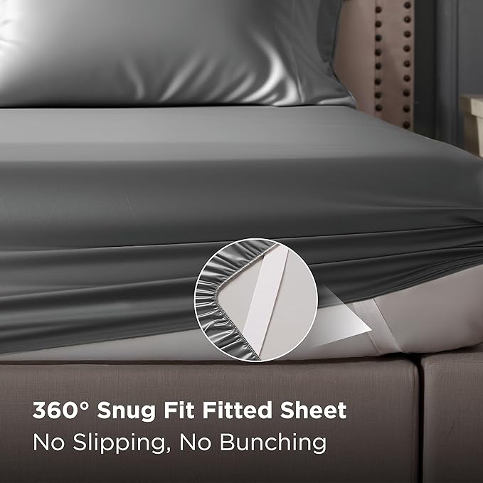 Bedsure Satin Sheets Full Size - 4 Piece Silky Bedsheets with Elastic Corner Straps and 15 Inches Deep Pocket Fitted Bedsheet,1 Flat Sheet, 2 Satin Pillowcases, Good for Hair & Skin (Full, Dark Grey)