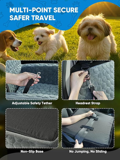 Dog Car Seat for Small/Medium Pets, Adjustable Booster Seat with Safety Leash, Washable Cover & Storage Pockets (Up to 35 lbs, Gray)