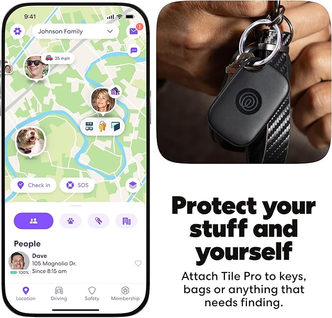 Life360 Tile Pro - Powerful Bluetooth Tracker, Key Finder and Item Locator for Keys, Bags and More. Both iOS and Android Compatible. Phone Finder. 1-Pack (Black)