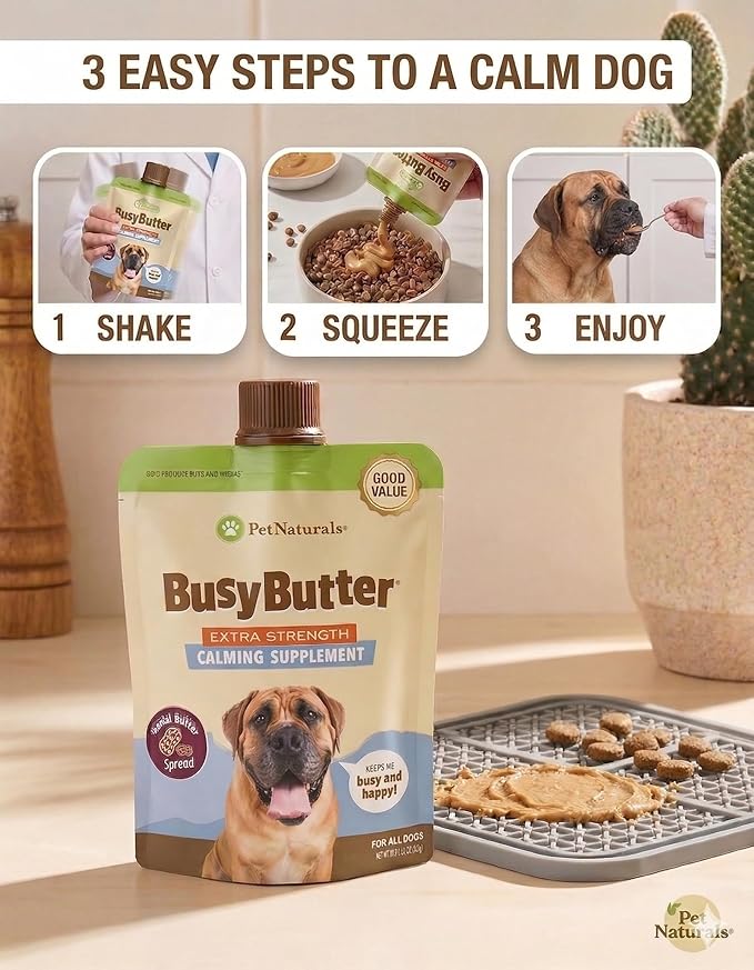Pet Naturals BusyButter Extra Strength Calming Peanut Butter for Dogs - Great for Dog Toys, Lick Mats, Training, Calming Treats, Dog Anxiety Relief, Grooming, Treats and More - 1 6oz Pouch