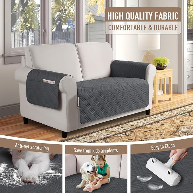 TAOCOCO Waterproof Loveseat Covers for Pets Dogs with Non Slip Backing, Sofa Seat Covers with Side Pocket for 2 Cushion Couch Washable Dog Couch Cover Sofa Slipcovers(Loveseat, Charcoal Gray)