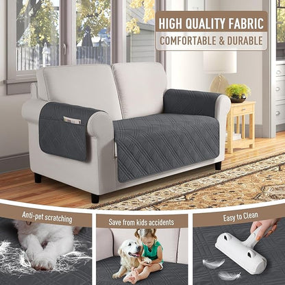 TAOCOCO Waterproof Loveseat Covers for Pets Dogs with Non Slip Backing, Sofa Seat Covers with Side Pocket for 2 Cushion Couch Washable Dog Couch Cover Sofa Slipcovers(Loveseat, Charcoal Gray)