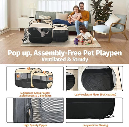 EighteenTek® 2-in-1 Portable Cat Playpen(End Doors), Pop up Kitten Playpen, Assembly-Free, Pet Tent Crates Kennel Cage Enclosure for Dog Puppy Indoor Outdoor(Beige)(No Divider, Unified Space)