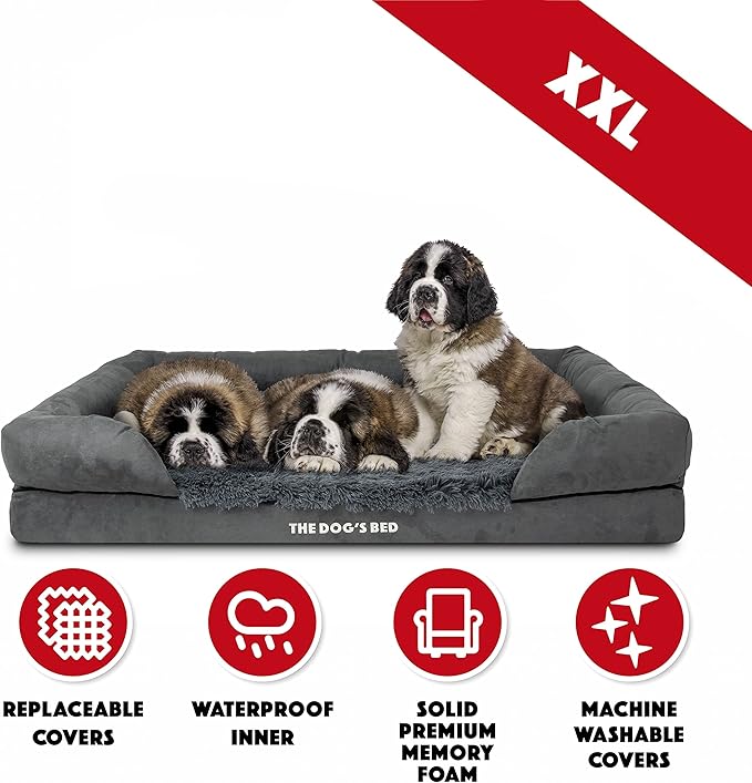 The Dog’s Bed Orthopedic Memory Foam Dog Bed with Bolsters for XXL Dogs, Waterproof Washable Cover, Anti-Slip Base, Calming Surface – CertiPUR-Certified Foam, Fur Fabric, Grey Fur, XXL
