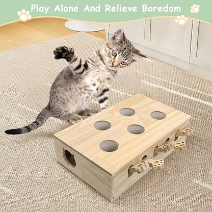 kathson Whack A Mole Cat Toy, Wooden Enrichment for Indoor Cat, Interactive Kitten Puzzle Toy for All Ages Cats Intelligence Training and Exercise (Rectangular)