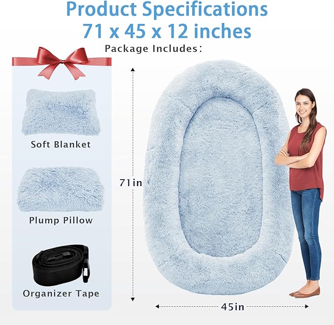 Human Dog Bed, 71''x45''x12'' Size Fits People and Pet 10 CM Thick Memory Foam Washable Adult Large Bed Giant Oversize Foldable Dog Bed with Plump Pillow, Blanket, Strap - Blue