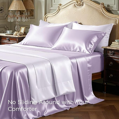 Bedsure Satin Sheets Queen Size - 4 Piece Silky Bedsheets with Elastic Corner Straps and 15 Inches Deep Pocket Fitted Bedsheet,1 Flat Sheet, 2 Satin Pillowcases, Good for Hair & Skin (Queen, Lavender)