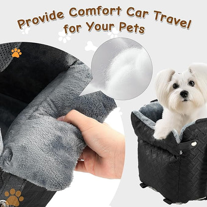 Center Console Dog Car Seat for Small Dogs,Washable Foldable Console Booster Seat for Puppy Car Seat with Safe Protection Hooks Adjustable Straps and Storage Pocket Pet