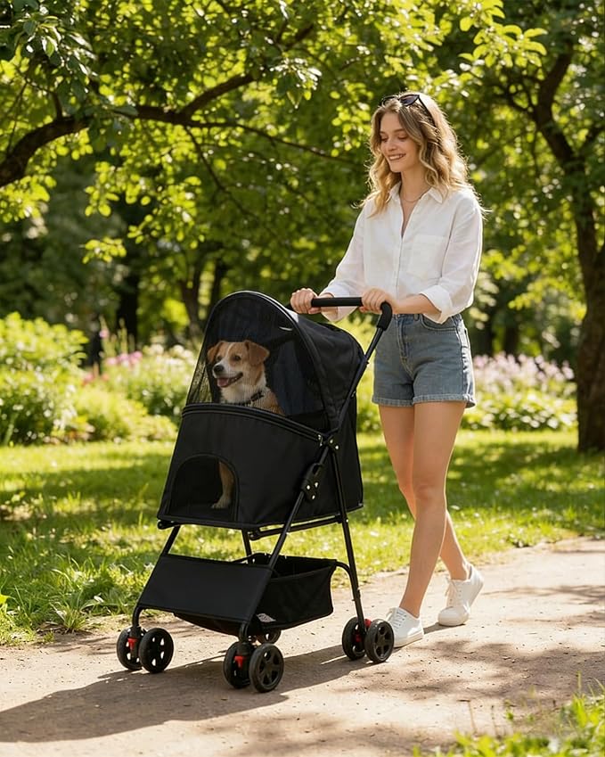 Pet Stroller for Small Medium Dogs Cats - Lightweight 10lbs Foldable Dog Stroller, Breathable Mesh & Safety Tether, 33lbs Capacity with Locking Wheels, Storage Basket for Outdoor Walks-Black