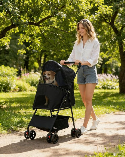 Pet Stroller for Small Medium Dogs Cats - Lightweight 10lbs Foldable Dog Stroller, Breathable Mesh & Safety Tether, 33lbs Capacity with Locking Wheels, Storage Basket for Outdoor Walks-Black